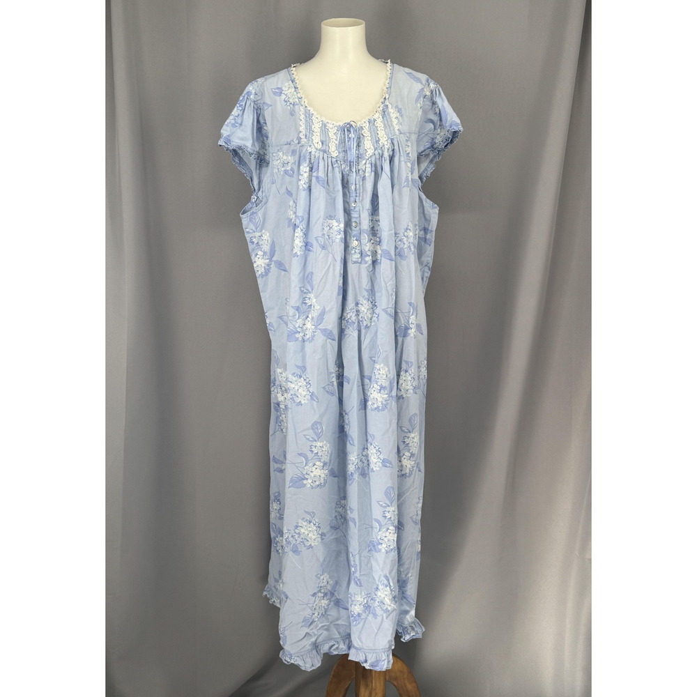 Eileen West Nightgown Womens 2X Blue Floral Cotton Short Sleeve Lace Ruffle